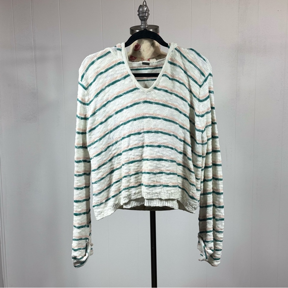 Roxy White and Green Striped V-Neck Sweatshirt
